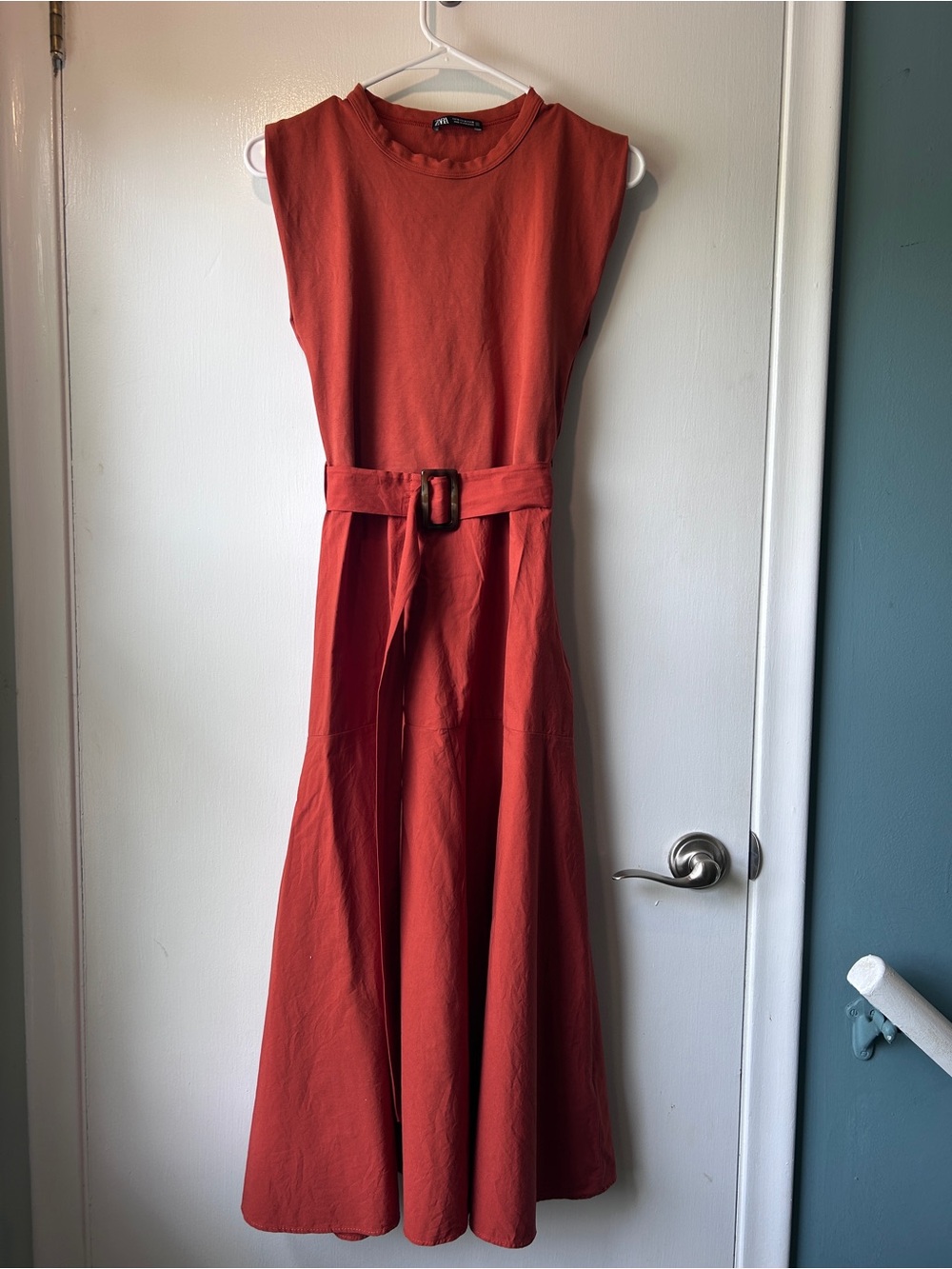 Zara Sleeveless Maxi Dress in Rust Orange with Belt